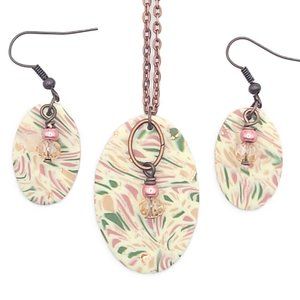 Necklace and Earrings Set - Cream, Green, Pink, and Brass - Handmade